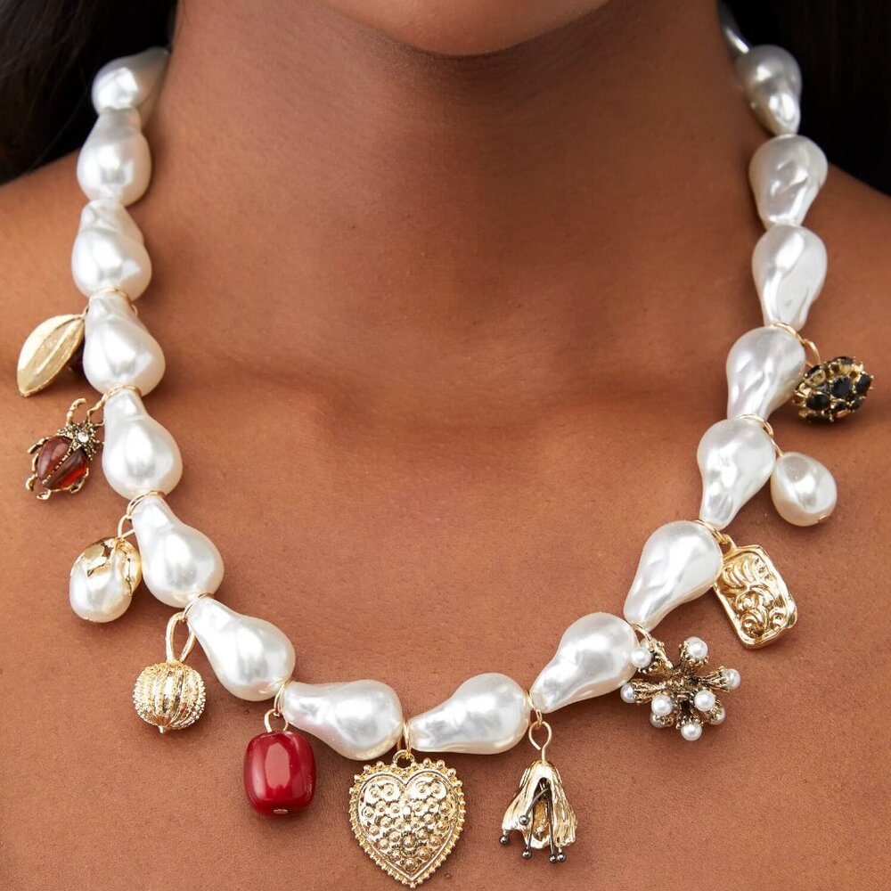 petit moments Bolinas Necklace in Multi pearl charm gold choker